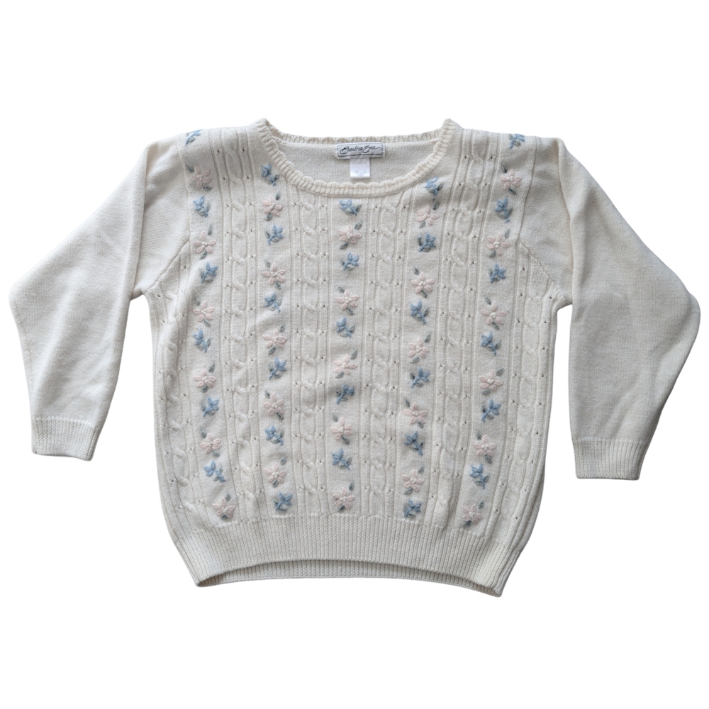 Vintage Barbra Sue Women's White Long‎ Sleeve Knit floral Sweater